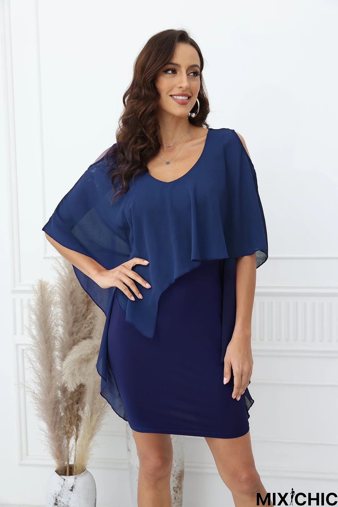 Cold Shoulder Chiffon Cape Mini Dresses