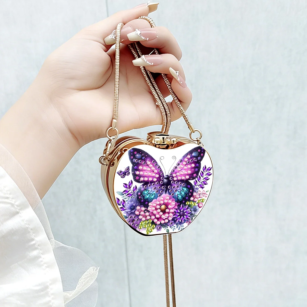 Purple Butterfly DIY Acrylic Love Diamond Art Painting Card Case Wallet with Chain Small Diamond Painting Crossbody Bag for Adults Women Girls Gift