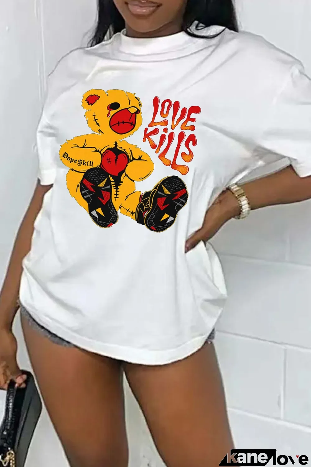 White Street Cute Print Patchwork Letter O Neck T-Shirts