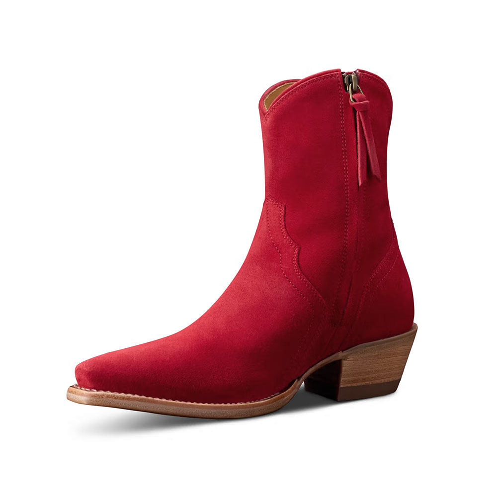 Short Block Heel Snip Toe Low Heel Red Cowgirl Boots for Women Nicepairs