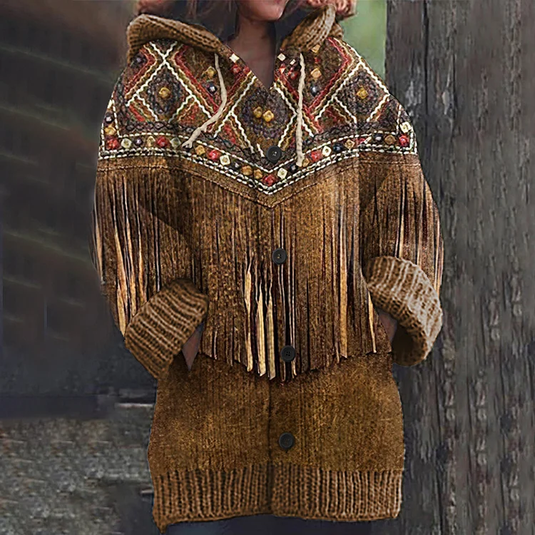 Women's Western Vintage Tribal Geometry Cozy Hooded Cardigan