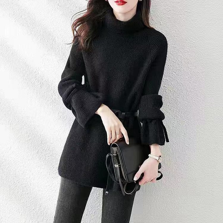 Black Long Sleeve Cotton-Blend Solid Sweater