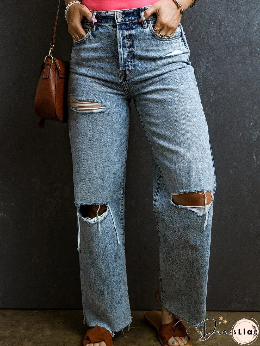 Light Blue Distressed Ripped Vintage Straight Leg Jeans