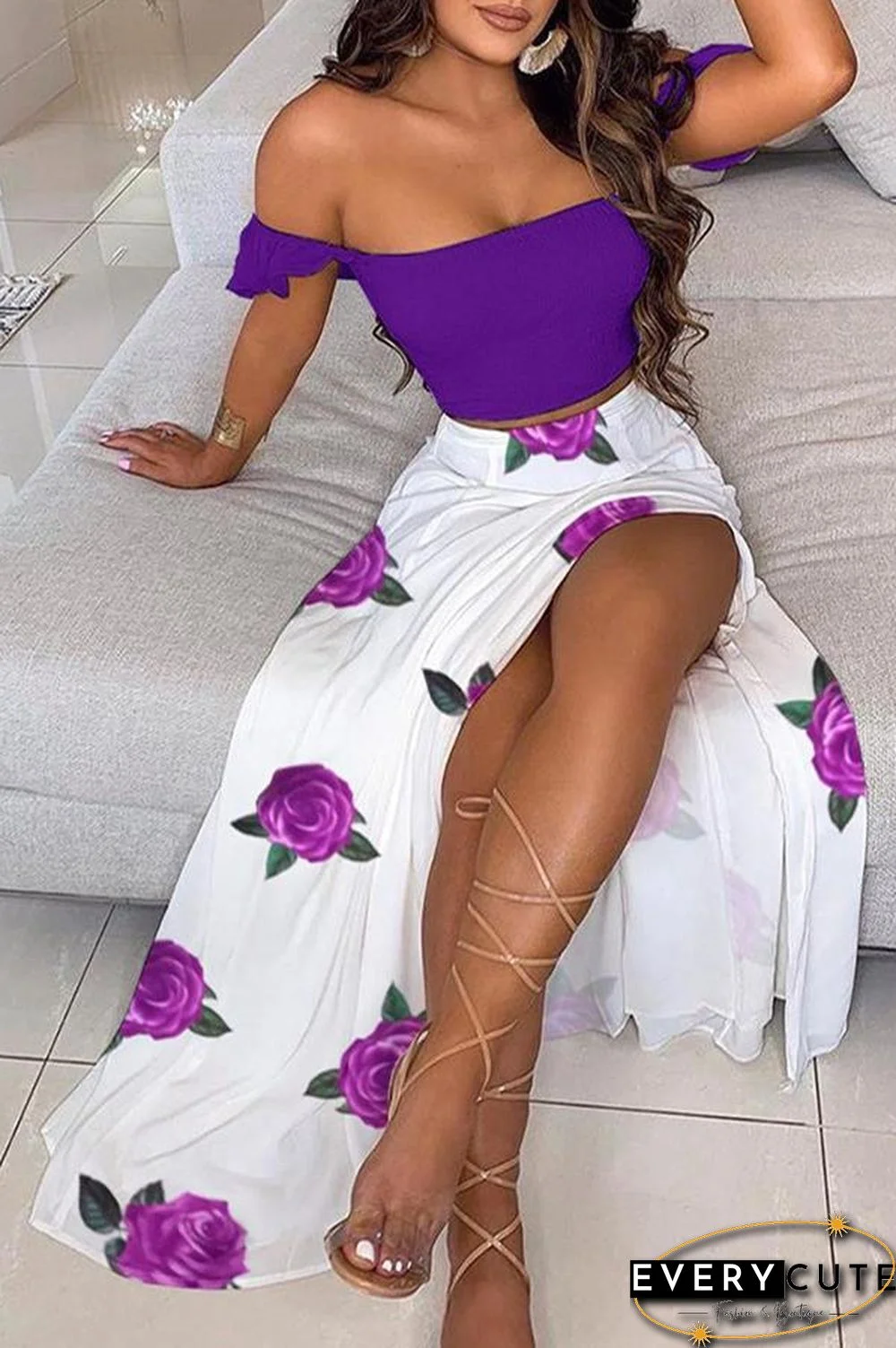 Off Shoulder Ombre Colorblock Top & High Slit Maxi Skirt Sets P13628