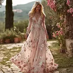 Vintage Boho Roses Embroidered Glitter Flowy Maxi Dress - Image 2