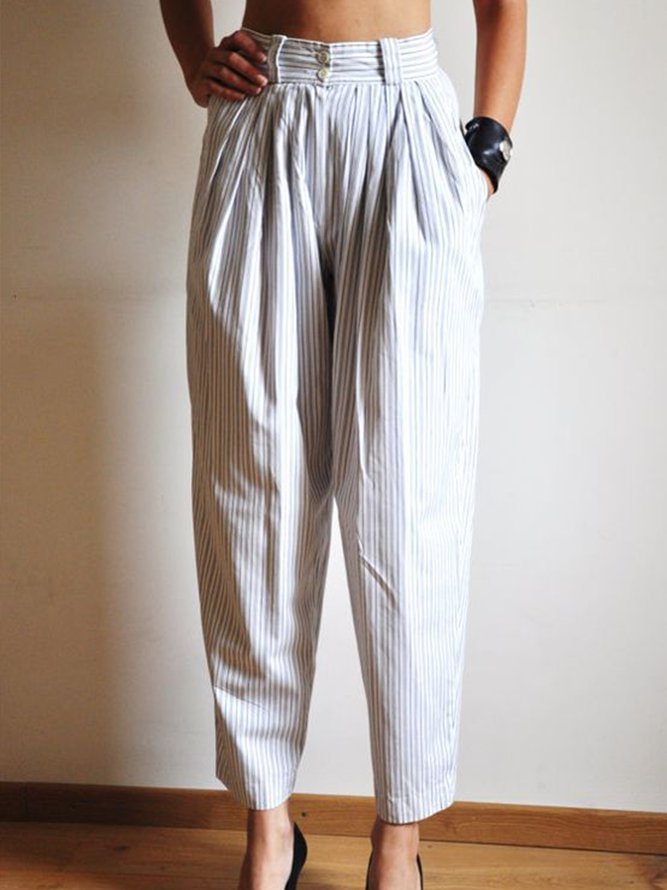 Light Gray Casual Shift Stripes Cotton-Blend Pants