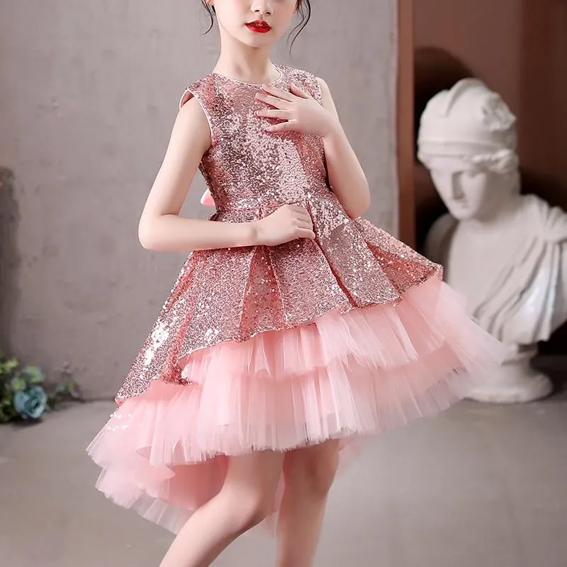 Kids Dress Girls Sequined Cake Skirt Wedding Party Tailing Elegant Princess Sleeveless Children Tutu Dresses