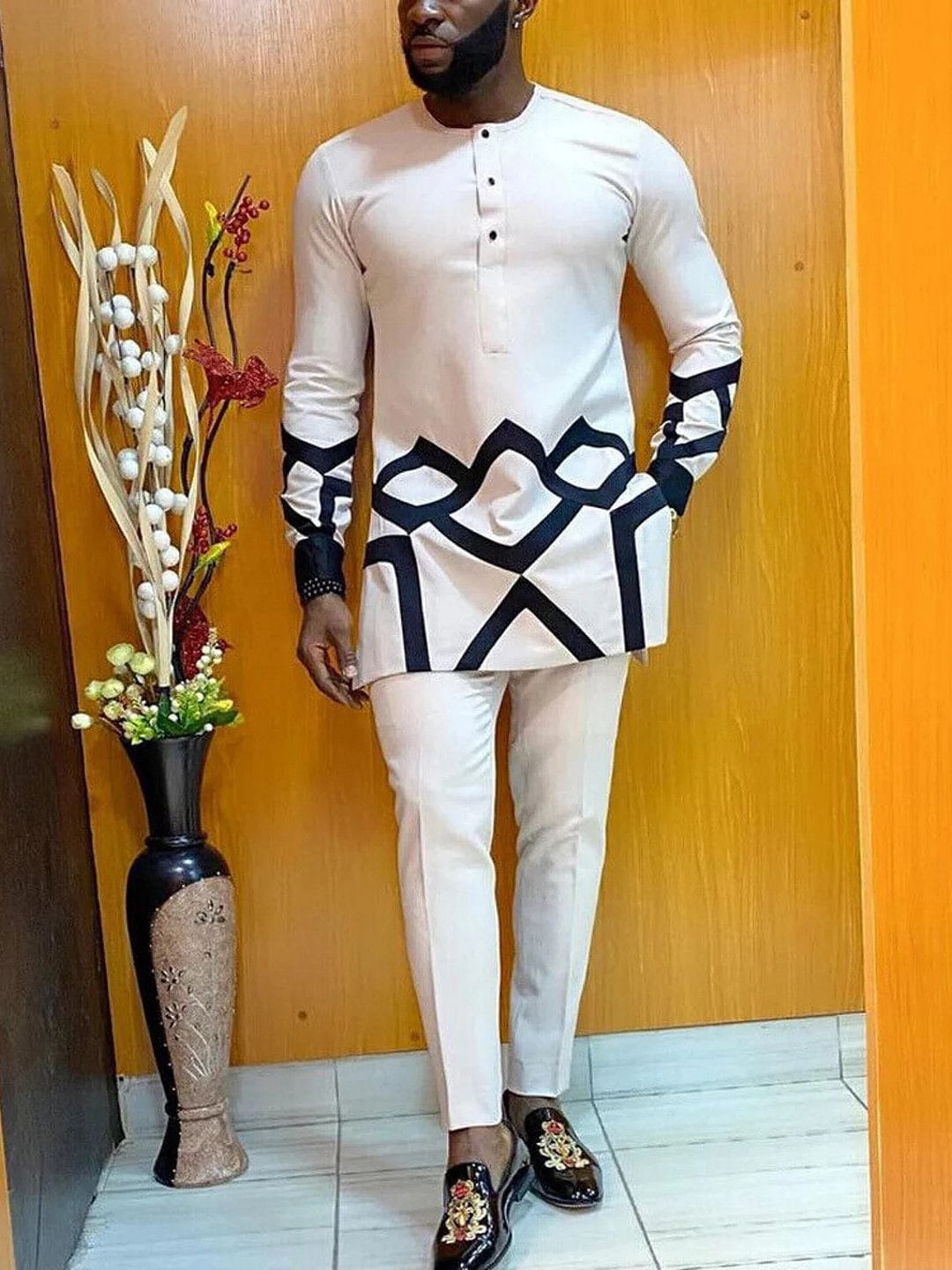 African men's luxury fashion white print long sleeve two-piece set