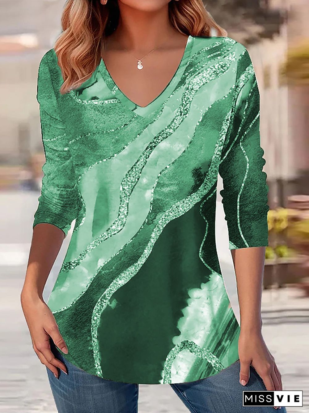 Women Long Sleeve V-neck Striped Colorblock Tops