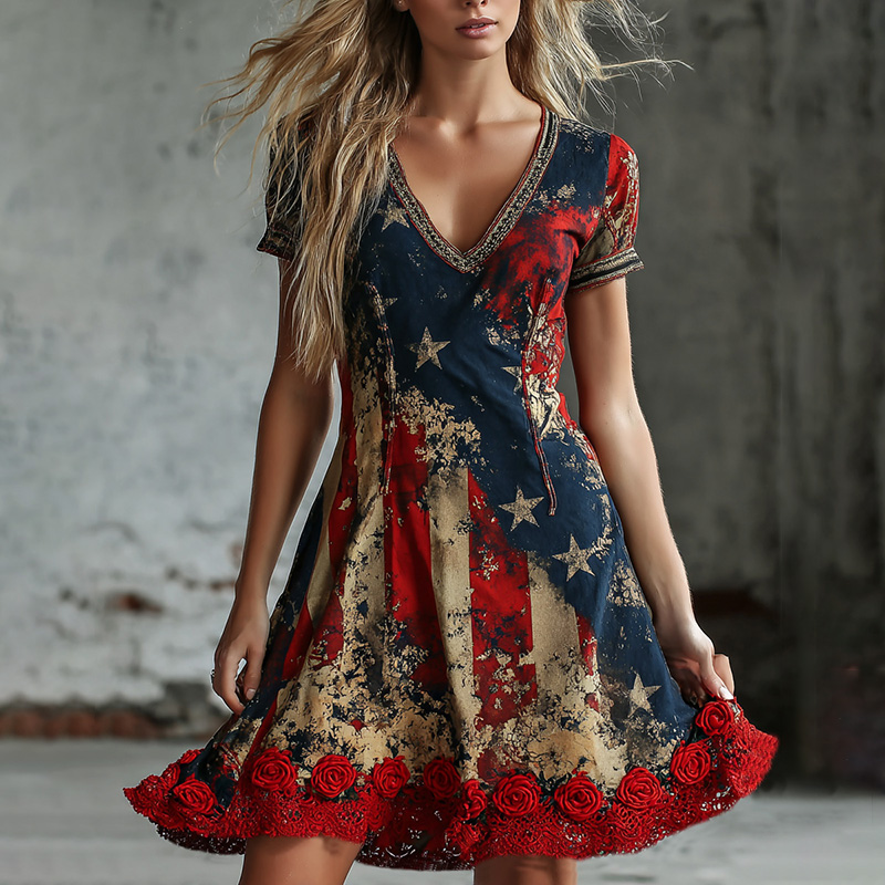  Women's Retro  V Neck Midi Dress Westsshops