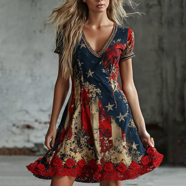 Women's Retro  V Neck Midi Dress