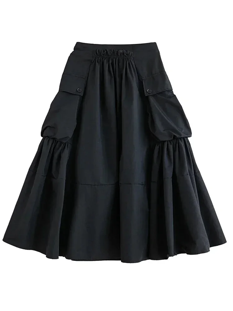 Nncharge Big Pocket Elastic Waist A-line Skirt Pleated Solid Color Fashion Loose Street Trendy 2024 Spring Women Skirt DMJ3981