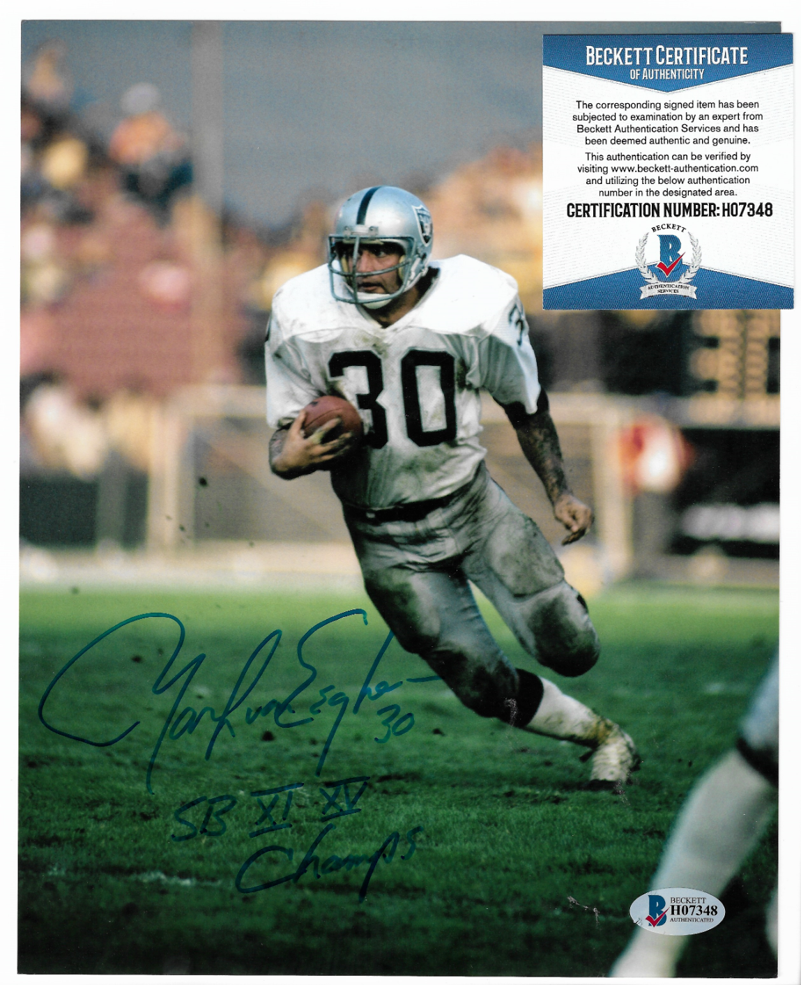 Autographed SBXI SBXV Champ Mark van Eeghen 8x10 Raiders Football Photo Poster painting Beckett