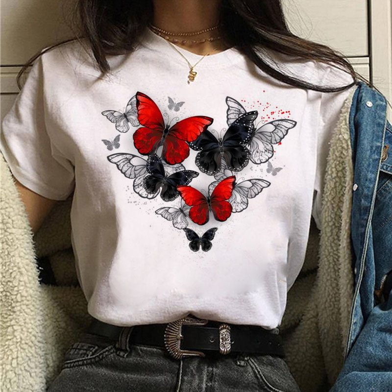 Women Red and Black Butterfly Fashion T Shirt Girl Harajuku Korean Style Graphic Tops Valentine's Day Female T-shirt,Drop Ship