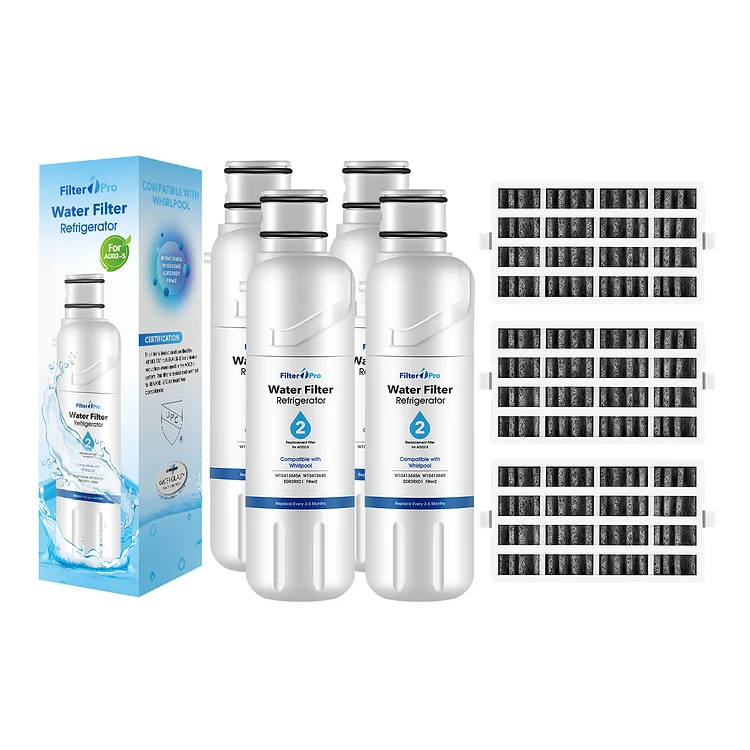 4 pk AO02 EDR2RXD1 W10413645A P6rfwb2 Water Filter 2 with 3 Packs AF01 W10311524 Air 1 Air Filter