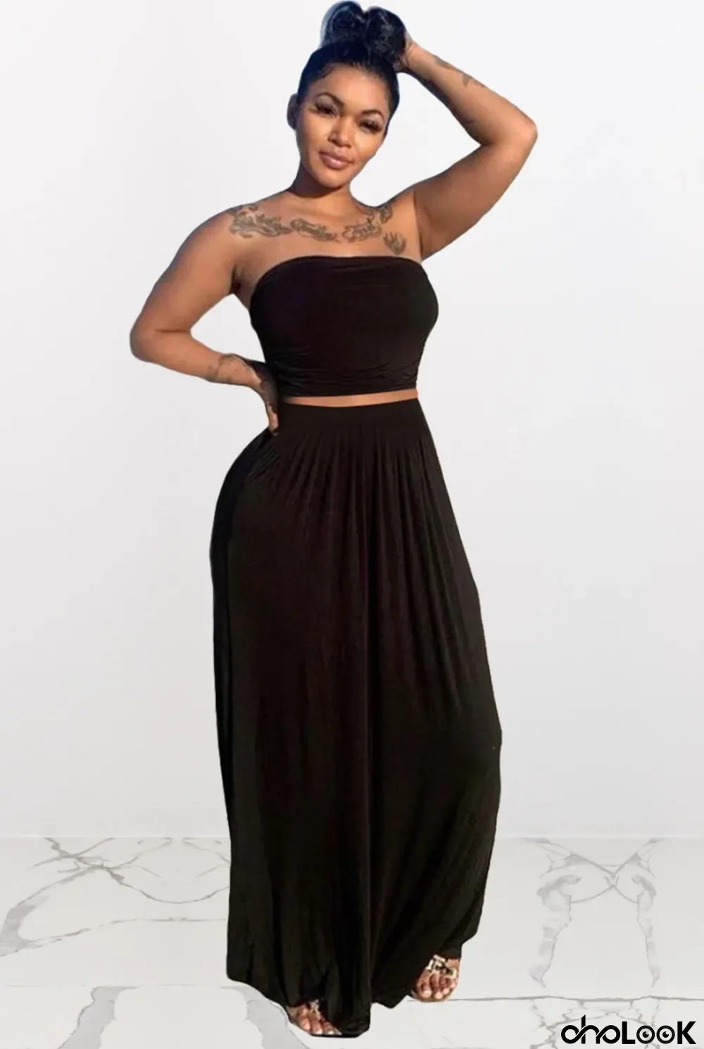 Summer Casual Black Strapless Crop Top and Long Skirt 2pc Set