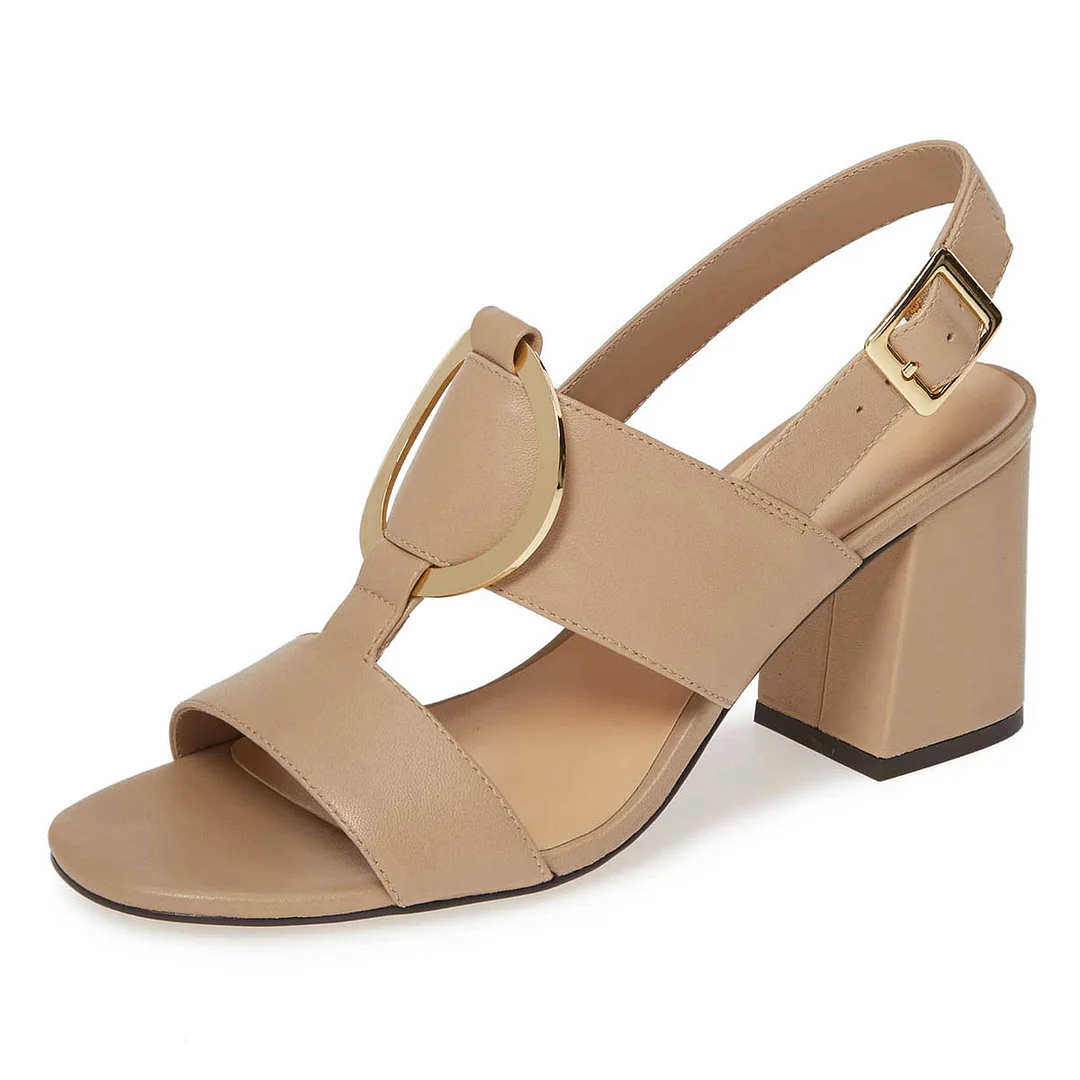 Nude Open Toe Block Heel Slingback Shoes Buckle Summer Sandals
