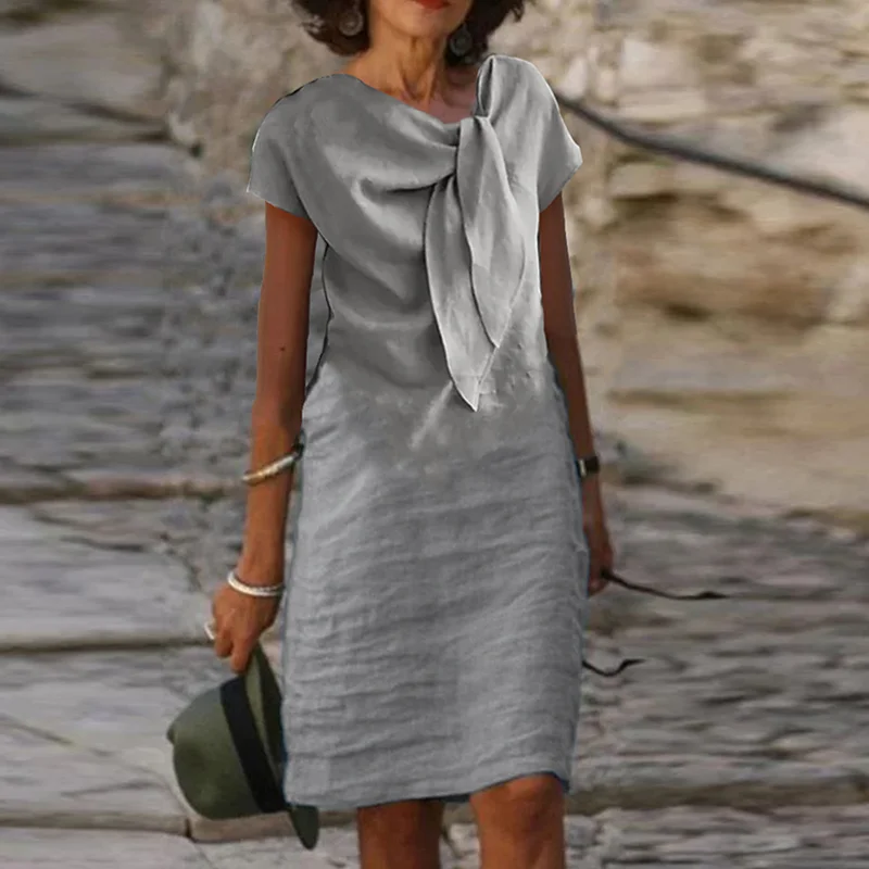 Billionm Female Slim A Line Dress Elegant Women Cotton Linen Solid Color Mini Dress 2023 Summer Short Sleeve Lace-Up Bow Fold Dress