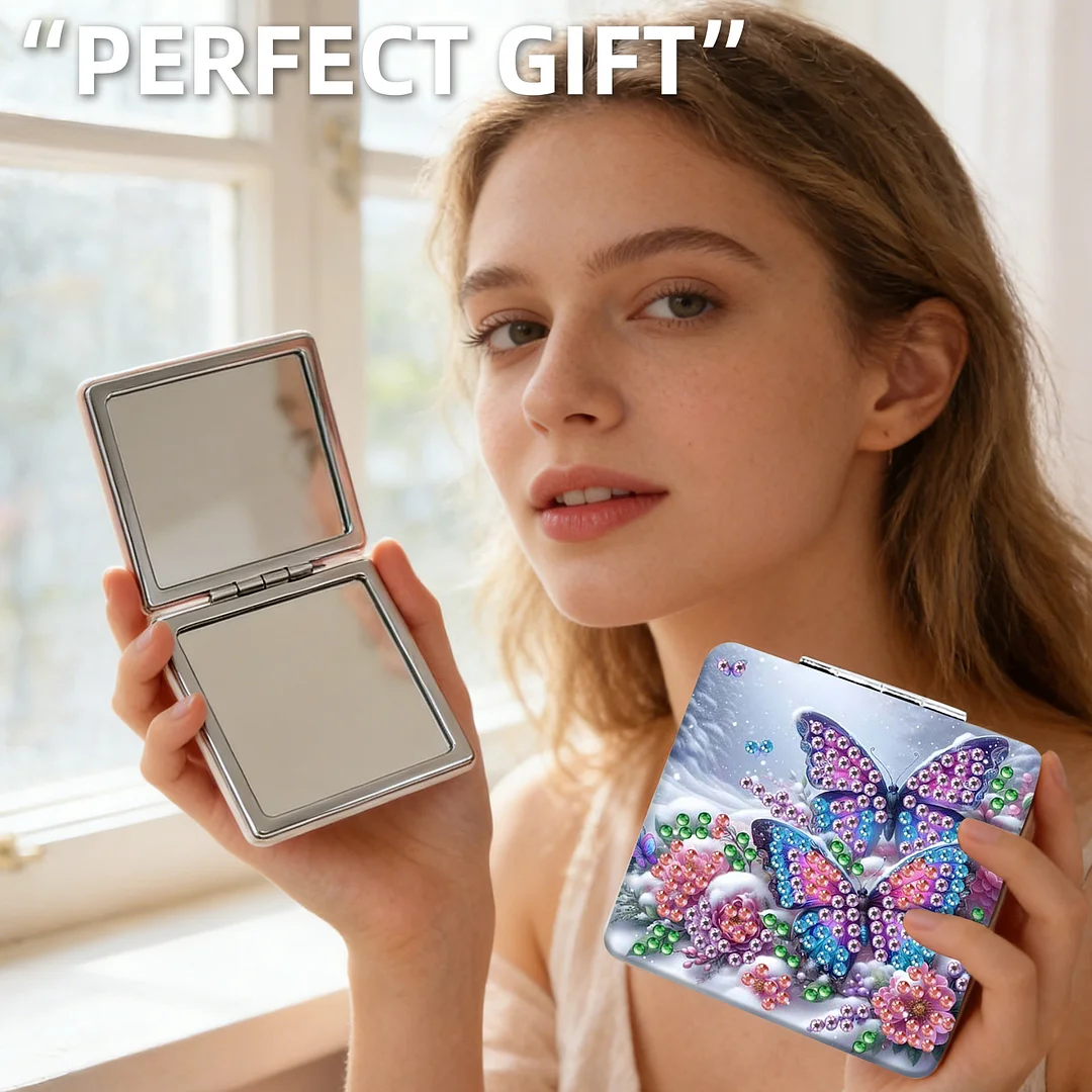 Butterfly Flowers DIY Special Shaped Diamond Painting Compact Mirror Kits Diamond Art Painting Pocket Mirror for Beginners Adults Art Craft Woman Gifts
