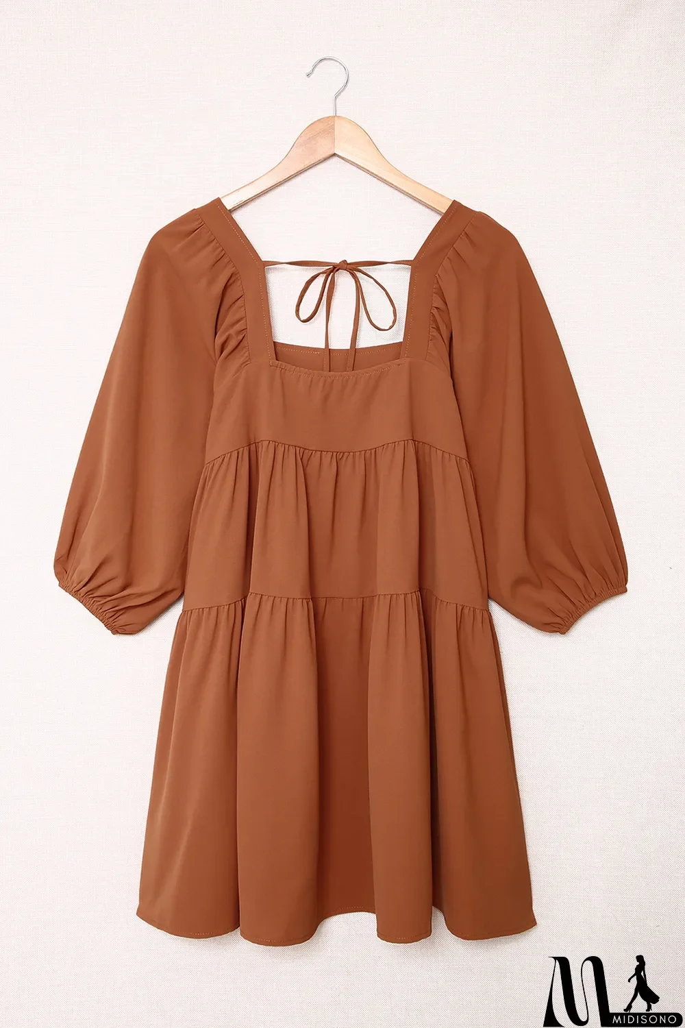 MidiSono - Brown Square Neck Half Sleeve High Low Mini Dress
