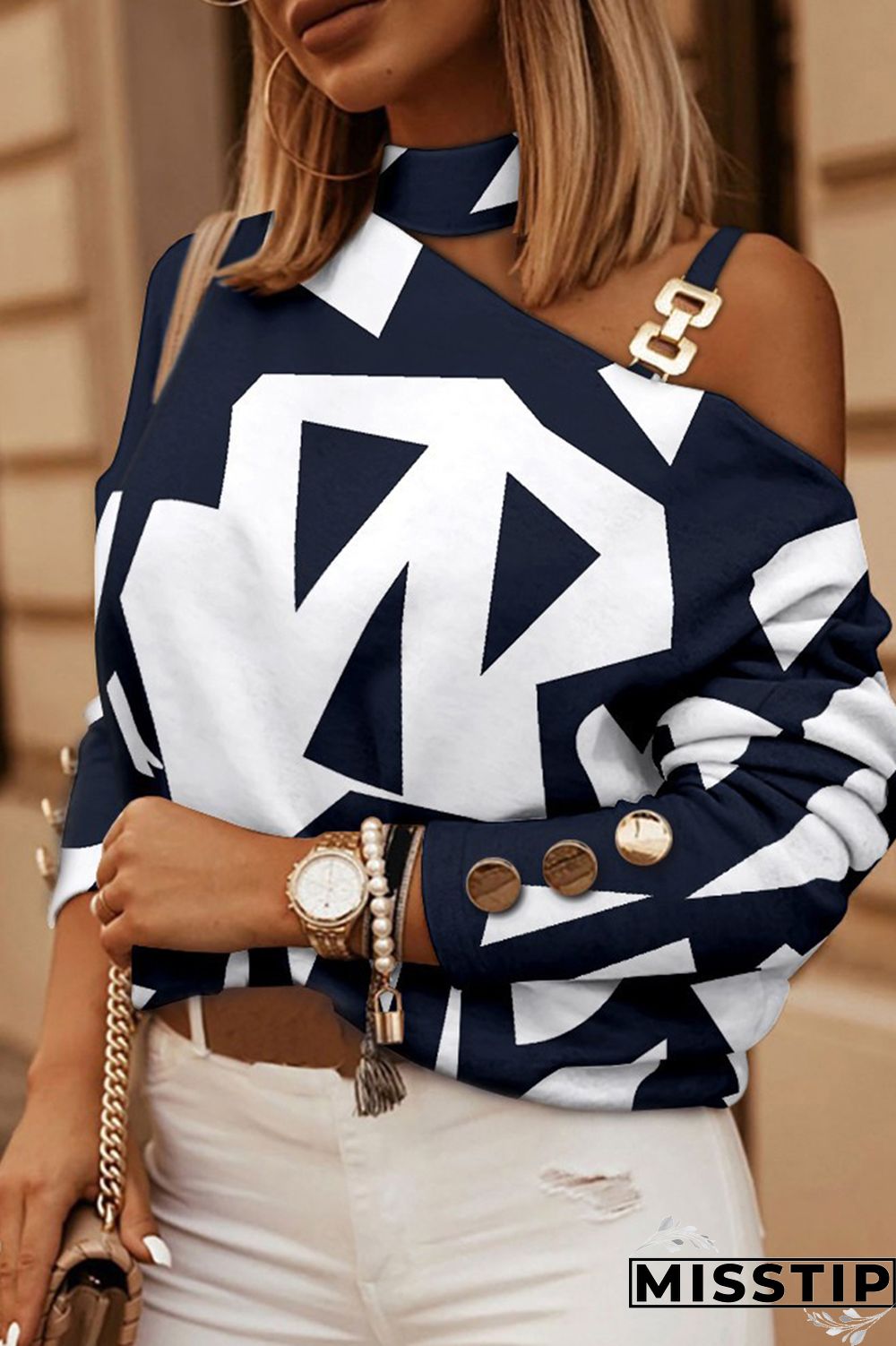 Black khaki Casual Print Hollowed Out Turtleneck Tops