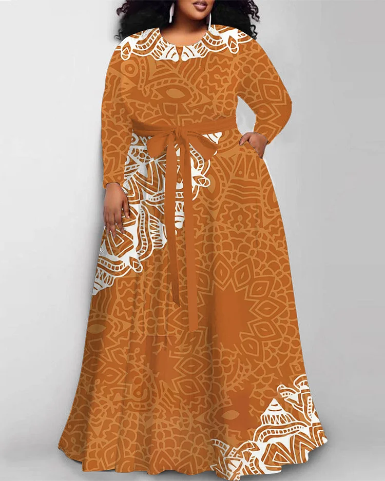Ethnic Tribal Prints Round Neck Maxi Dress