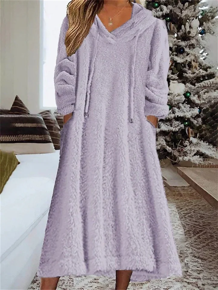 New Autumn and Winter Solid Color Loose Leisure Long Section Fleece Hooded Long-sleeved Dress Homewear
