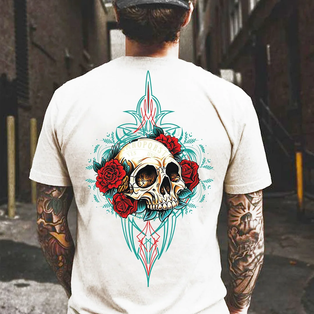Runes Skull&Rose Print Men's T-shirt