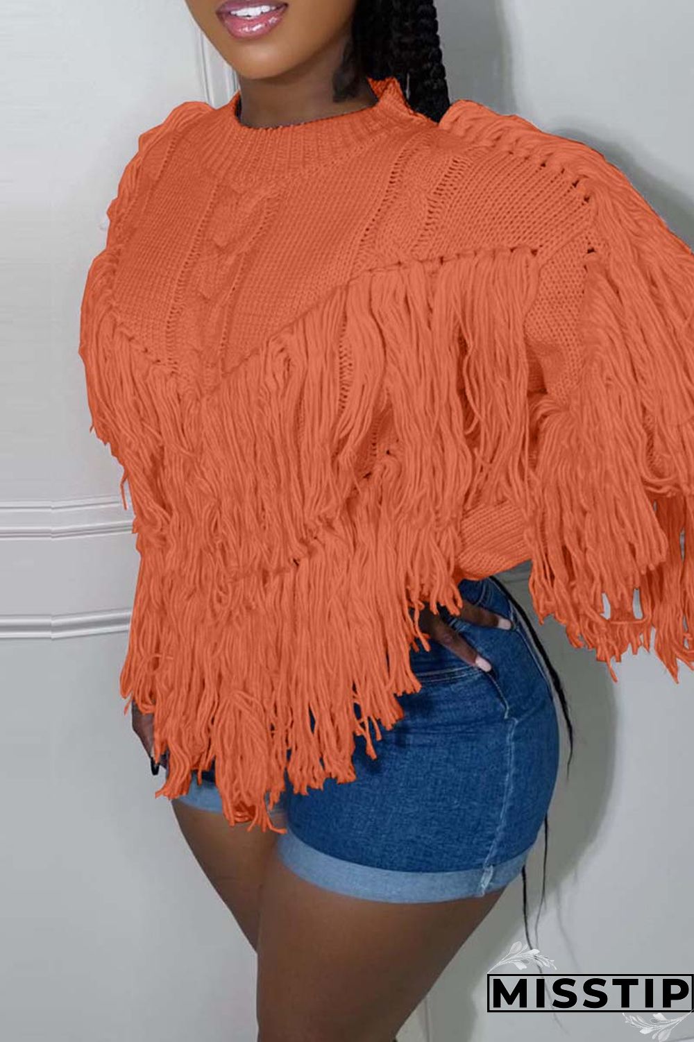 Black Casual Solid Tassel O Neck Tops