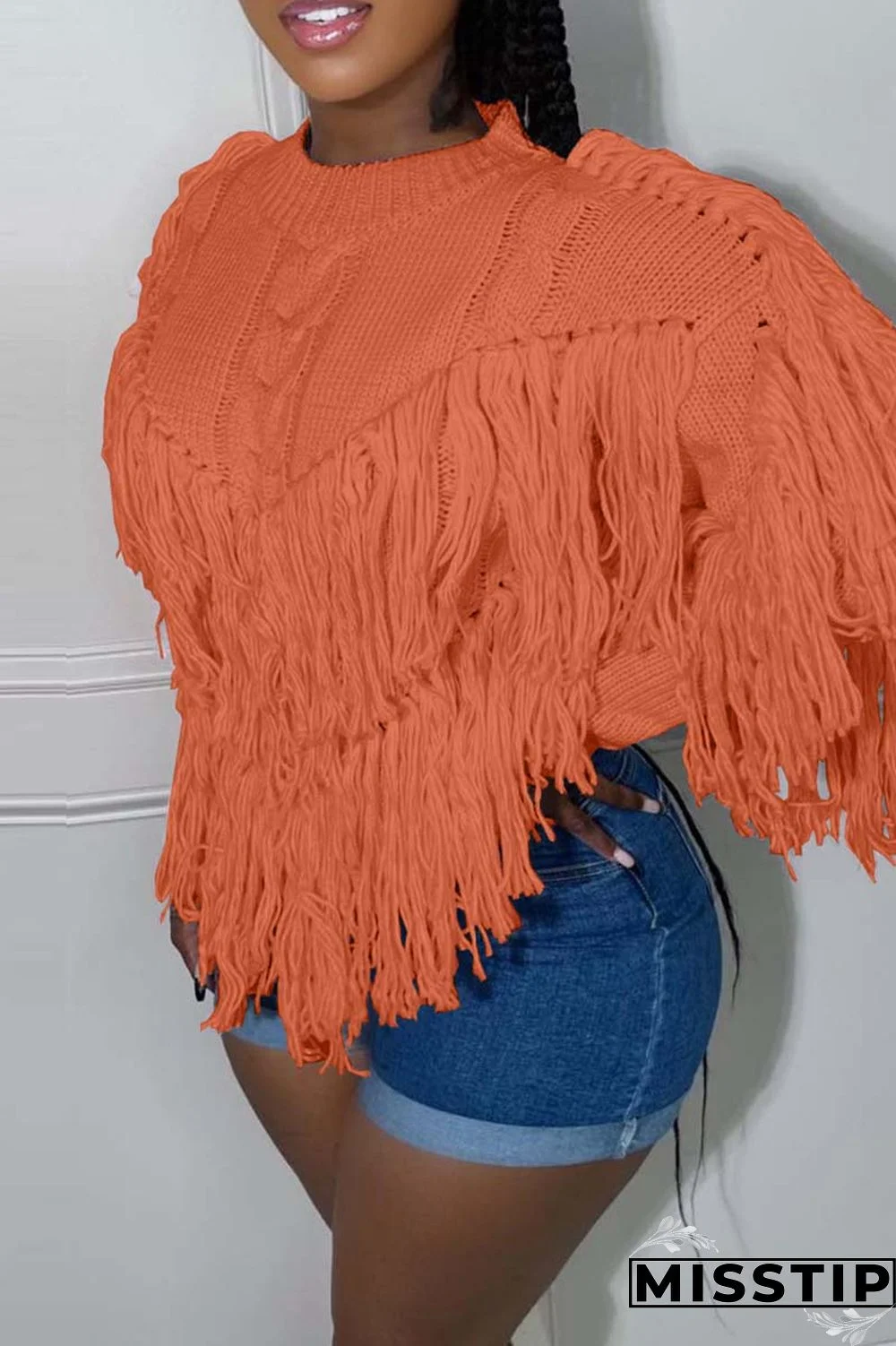 Black Casual Solid Tassel O Neck Tops