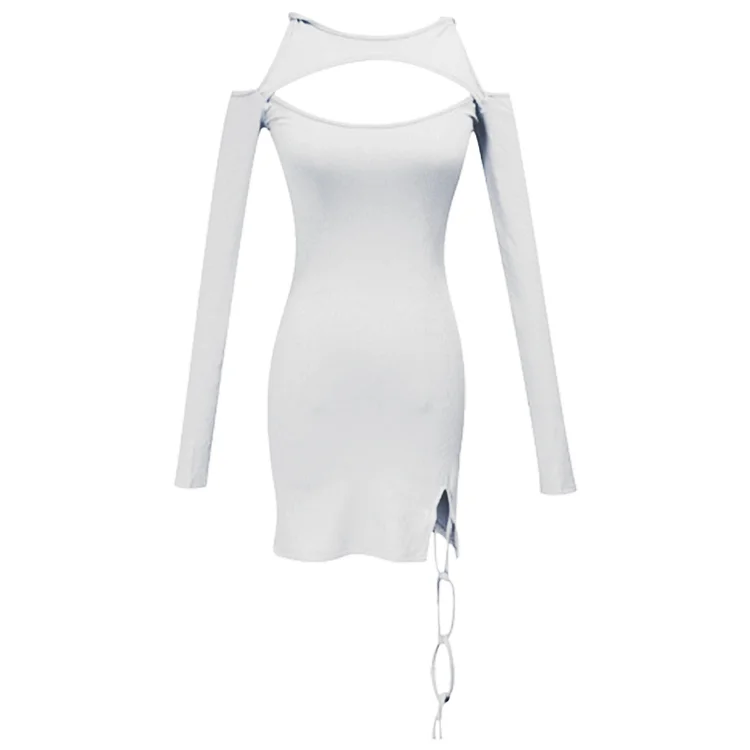 Lace Up Hollow Out Pure Color Split Dress - Modakawa modakawa