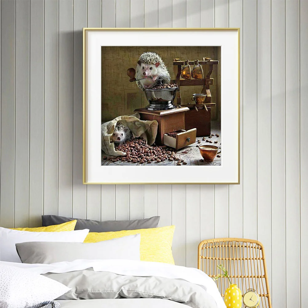 Diamond Painting Kit Hedgehog coffee beans Full Round Rhinestone Wall Pict