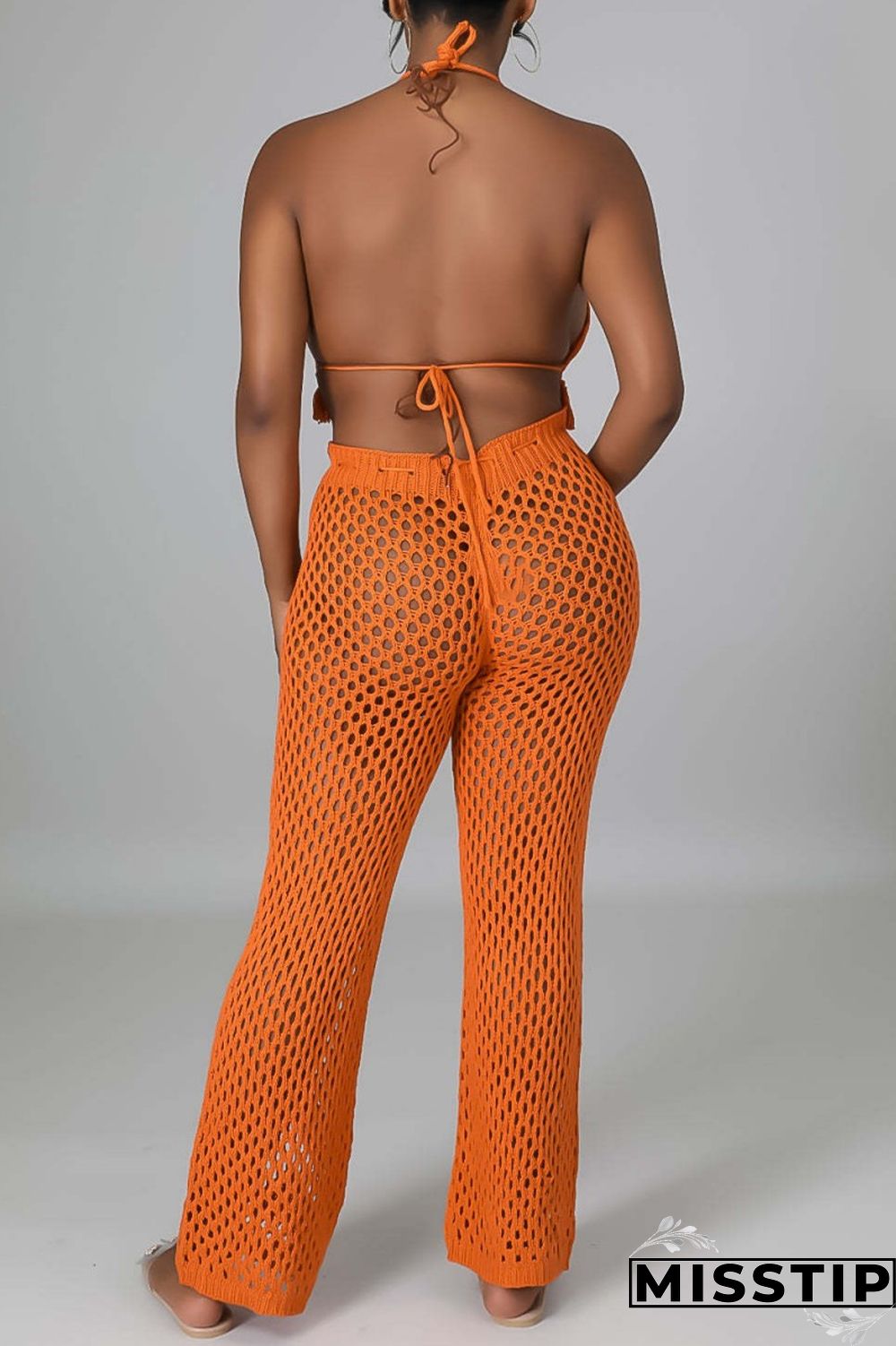 Orange Sexy Solid Bandage Hollowed Out Backless Halter Sleeveless Two Pieces