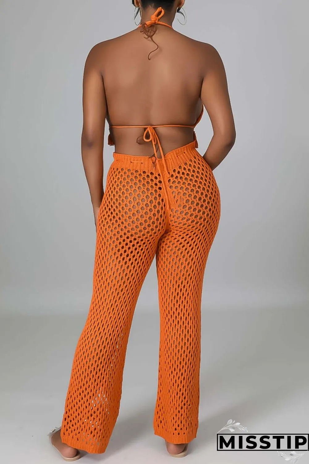 Orange Sexy Solid Bandage Hollowed Out Backless Halter Sleeveless Two Pieces