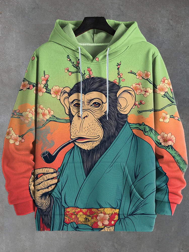 Men's Sakura Japanese Kimono Monkey Smoking A Pipe Art Print Hooded Sweatshirt