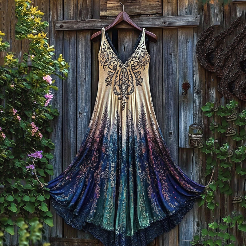Comstylish Women's Celtic Gradient V Neck Sleeveless Maxi Dress