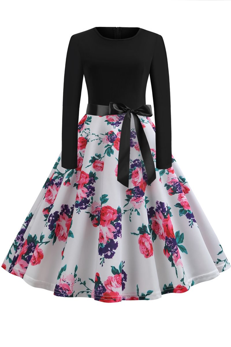 1950s Rose Print Retro Round Neck Long Sleeve A-Line Midi Dress
