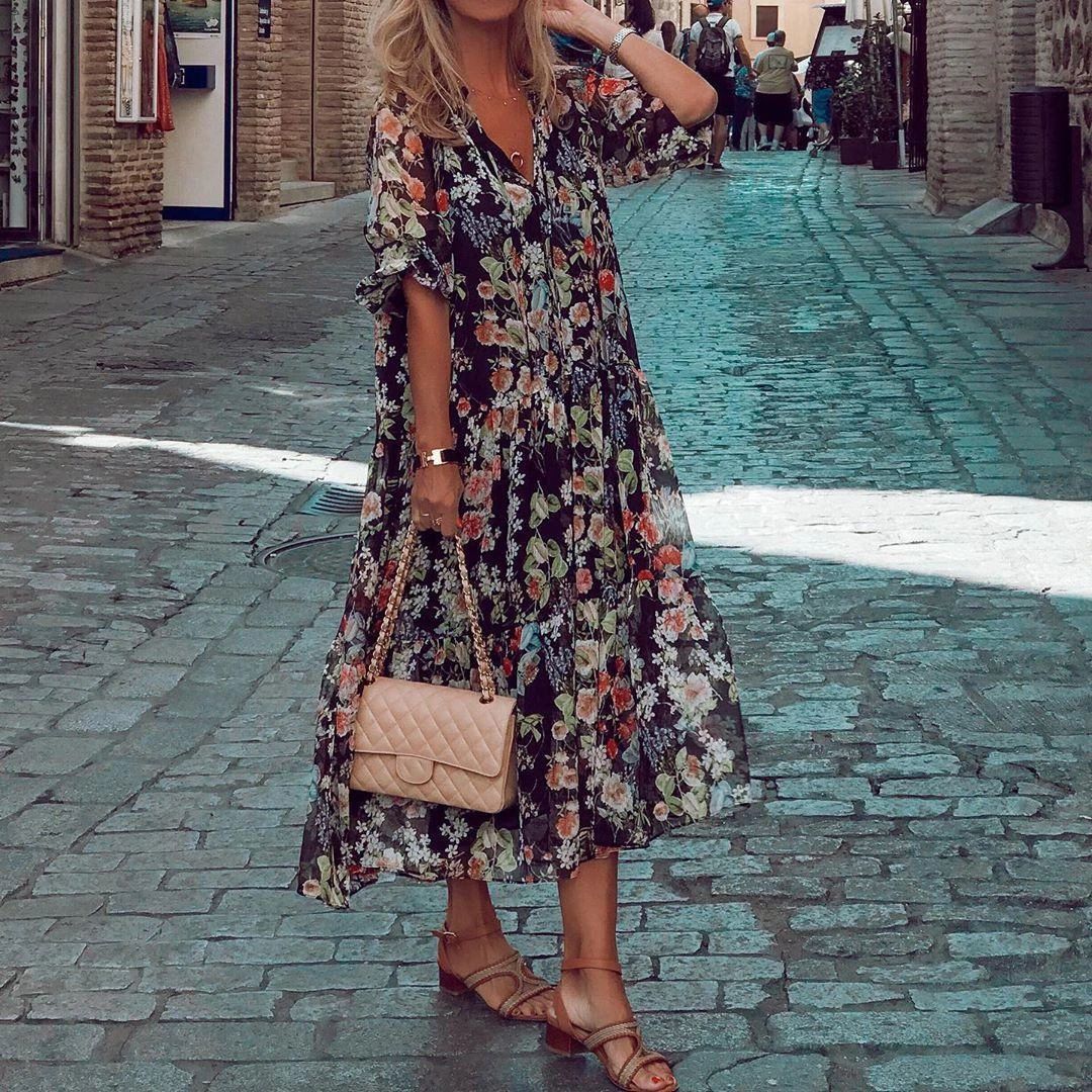 V-neck Lace-up Long Printed Boho Dress