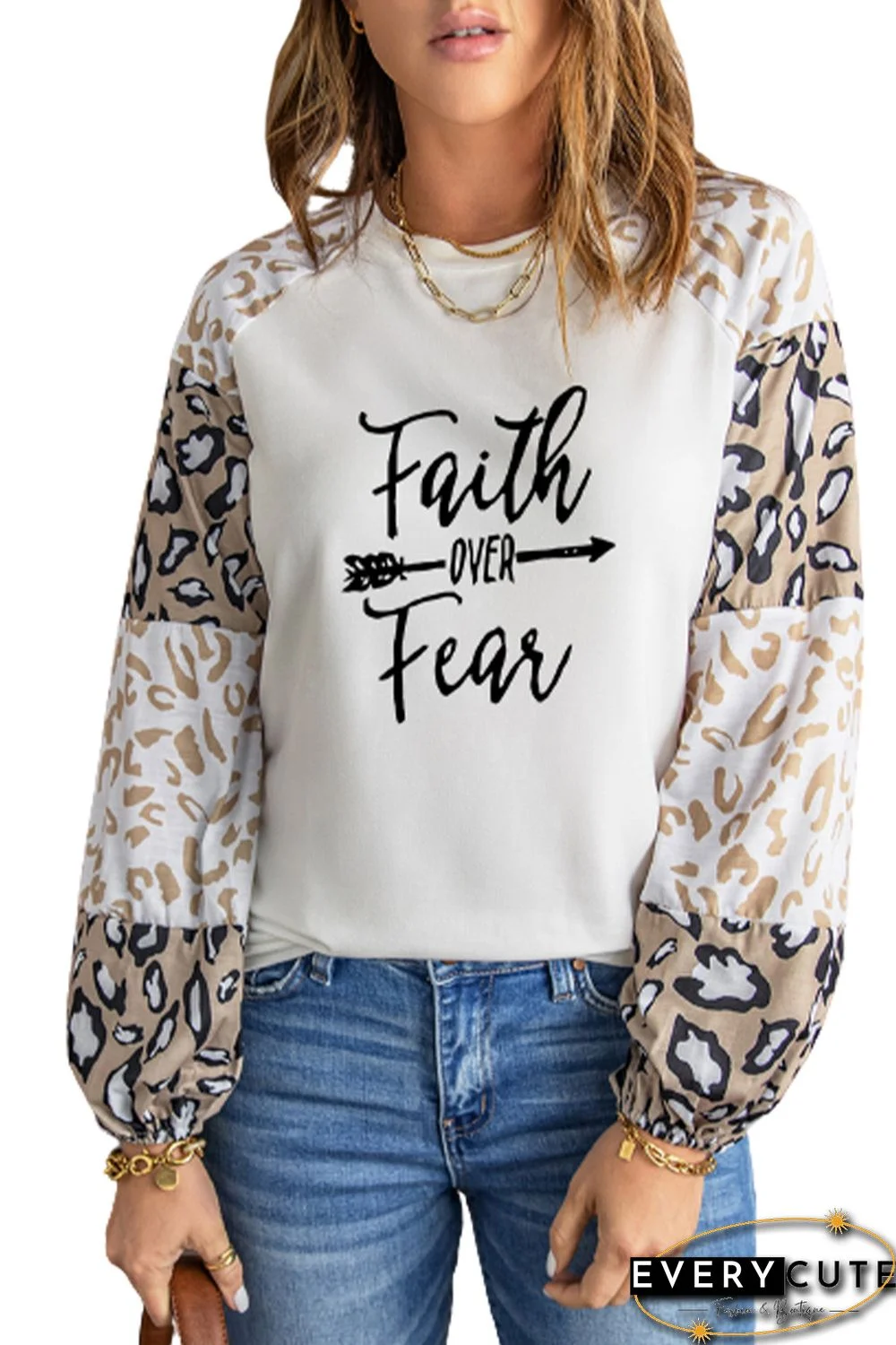 Faith OVER Fear Print Leopard Sleeve Sweatshirt