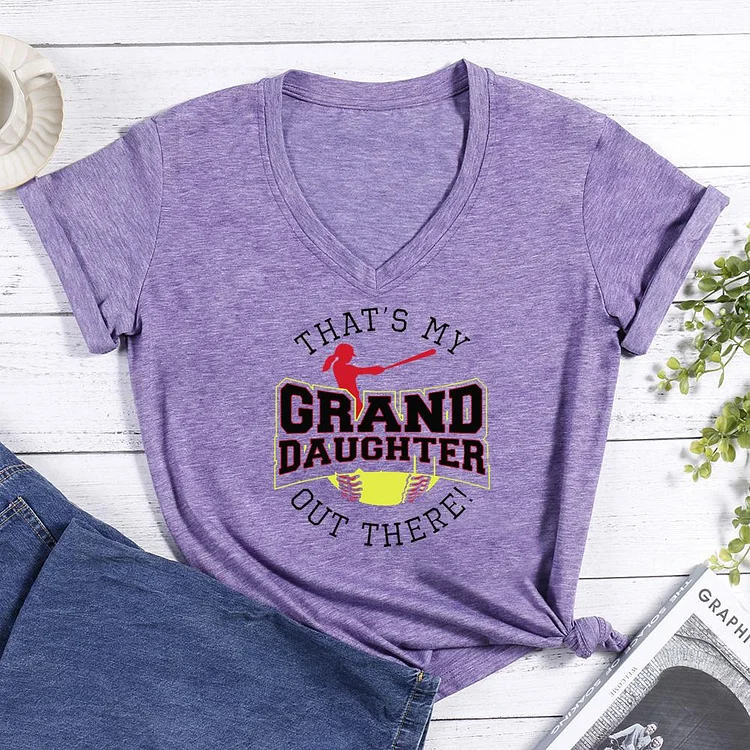 That's My Granddaughter Out There Softball V-neck T Shirt-Annaletters