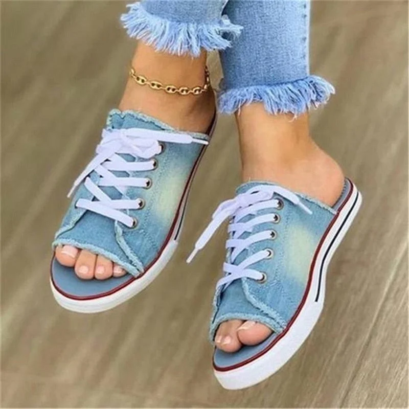 Women Summer Sandals Flats Shoes Woman Sexy Slippers Slides Lace Up Plus Size Denim Jean Sandalias Mujer