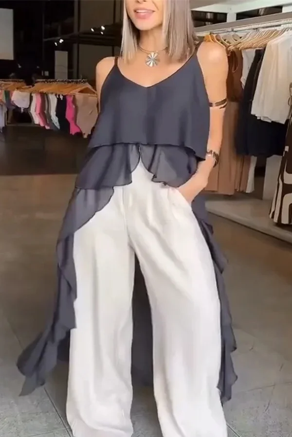 Solid Color V-neck Ruffled Irregular Loose Top