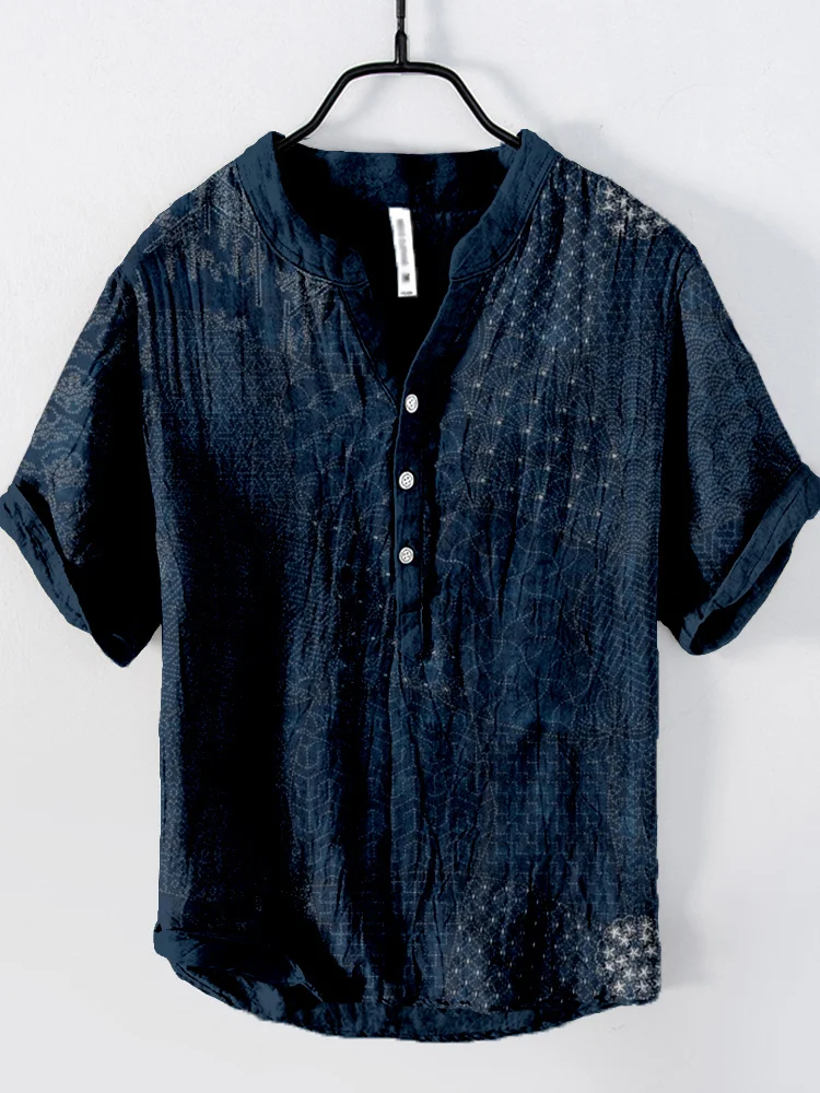 Comstylish Japanese Traditional Sashiko Art Linen Blend Shirt