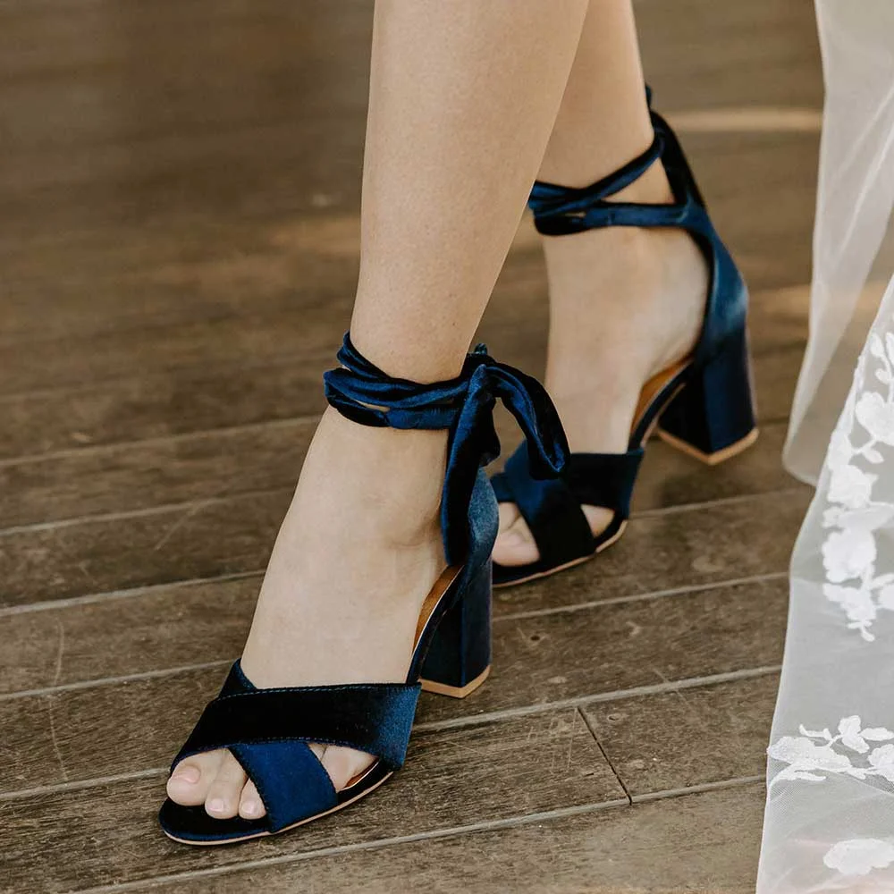 Velvet Opened Round Toe Criss-Cross Lace Up Block Heeled Sandals In Navy Blue Nicepairs