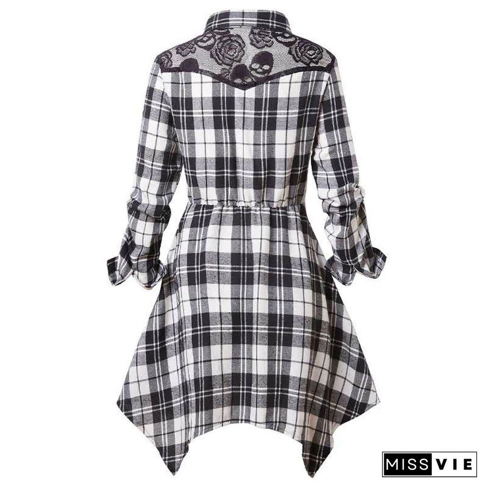 Irregular Plaid Print Lace Up Long Sleeve Shirt Dress