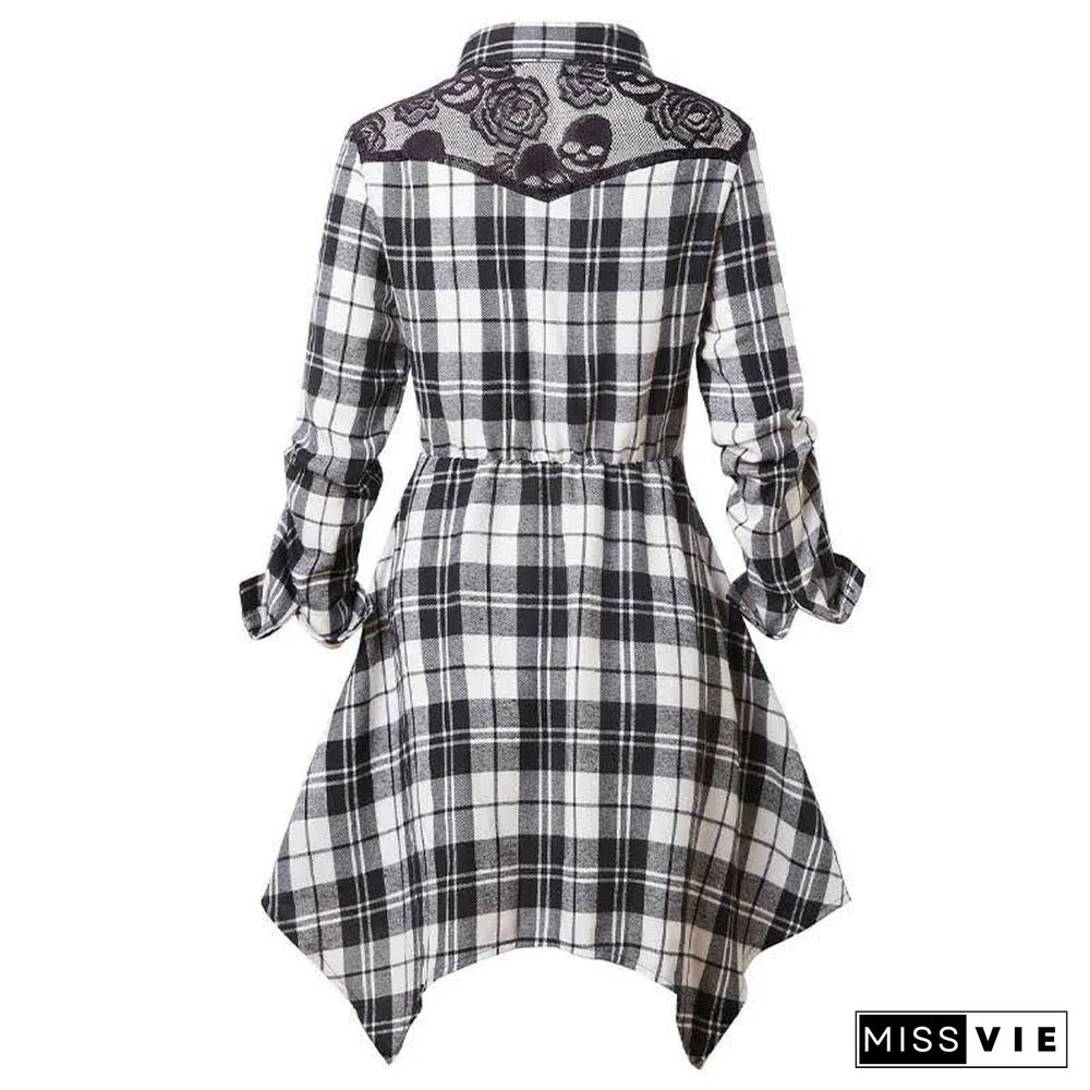 Irregular Plaid Print Lace Up Long Sleeve Shirt Dress