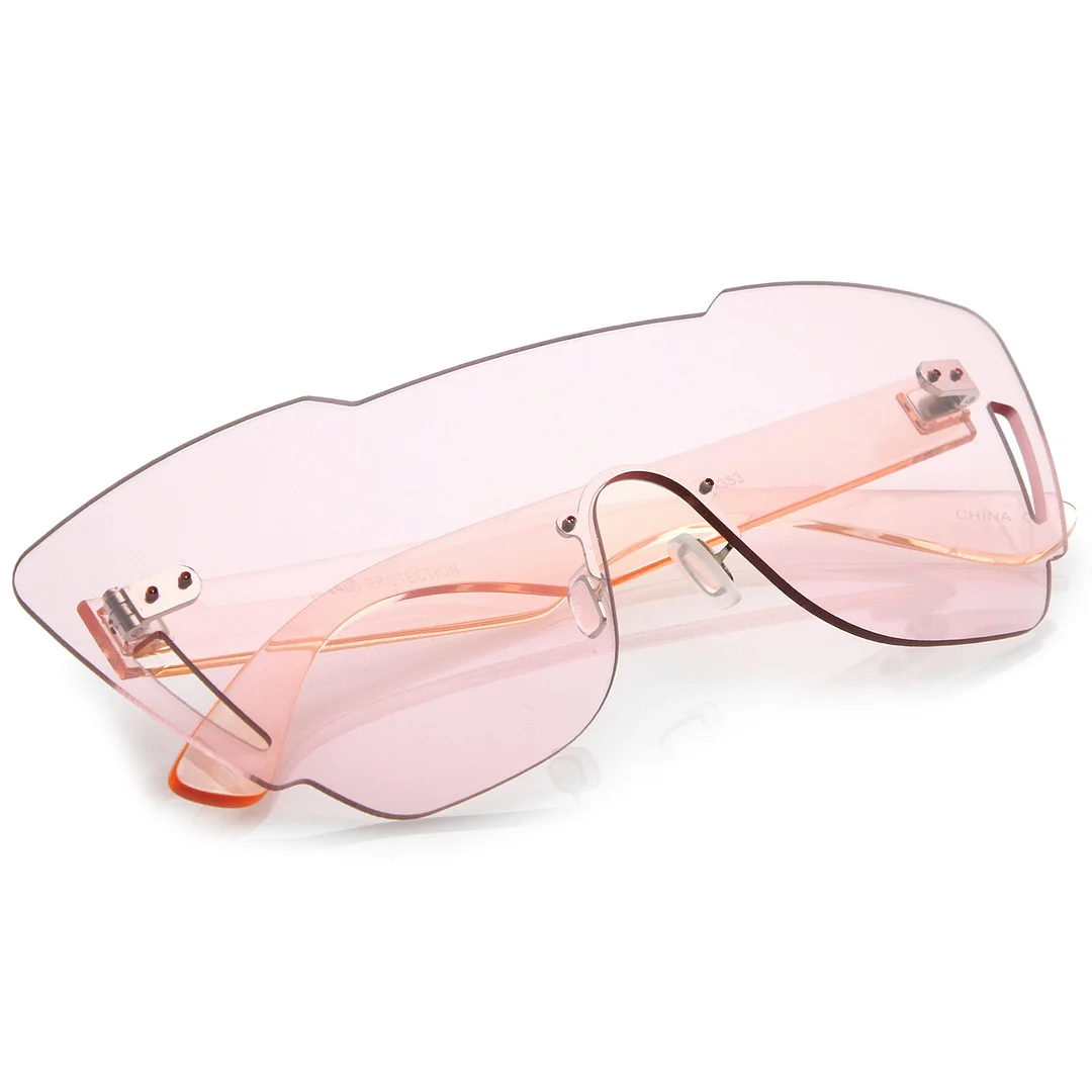 Oversize Rimless Cutout Thick Arms Tinted Mono Lens Shield glasses 73mm