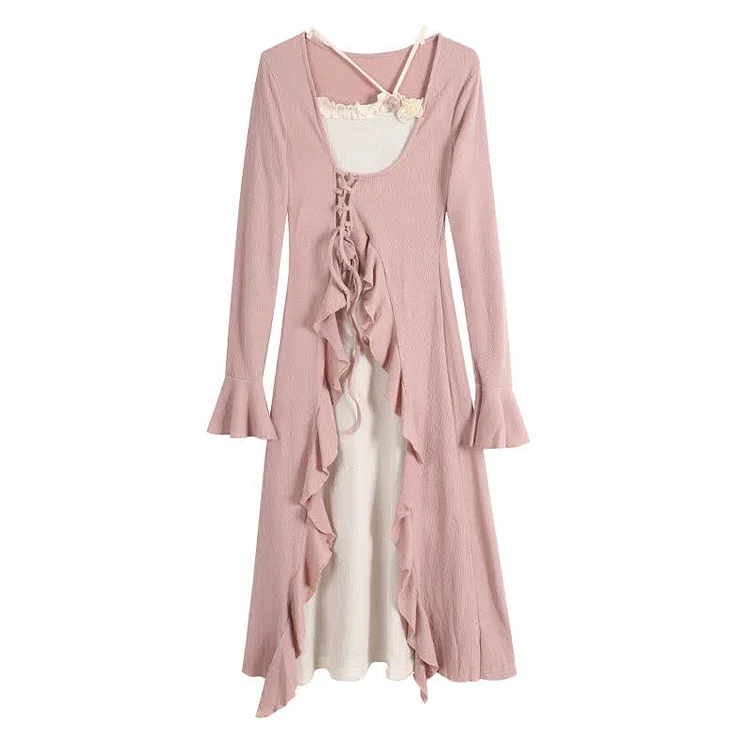 Flower Square Collar Colorblock Lace Up Flouncing Dress - Modakawa modakawa