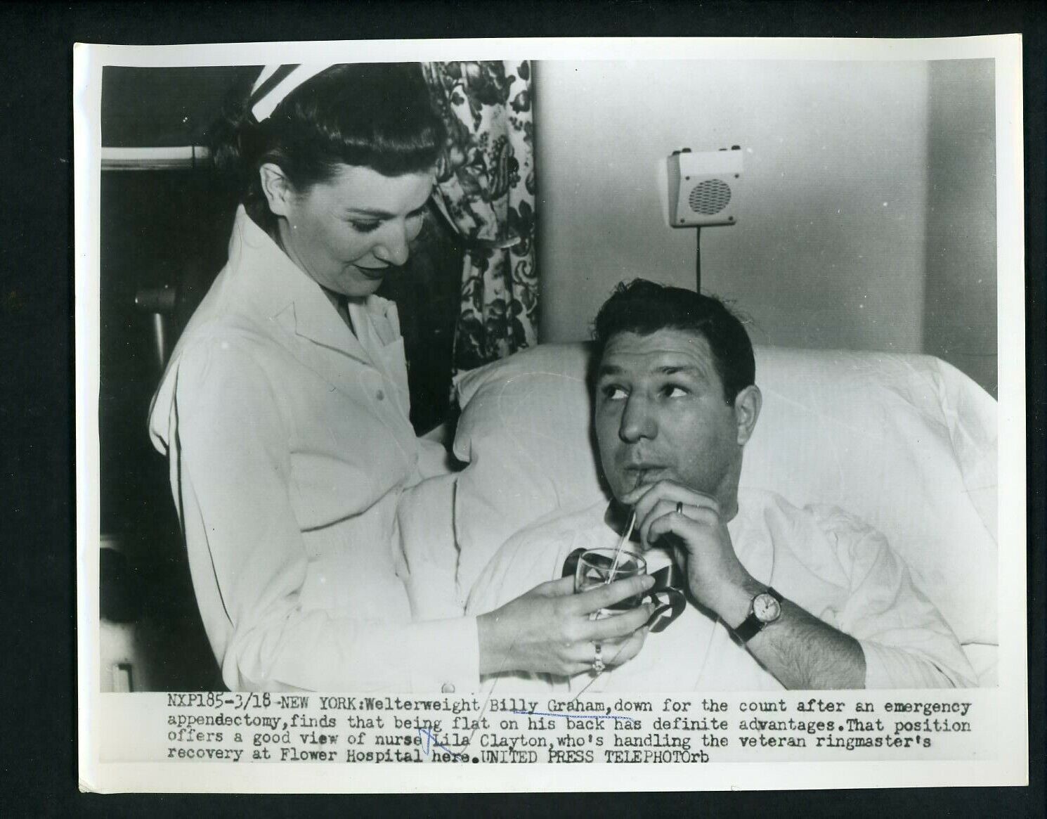 Boxer Billy Graham in Flower Hospital 1954 Press Photo Poster painting Nurse Lila Clayton