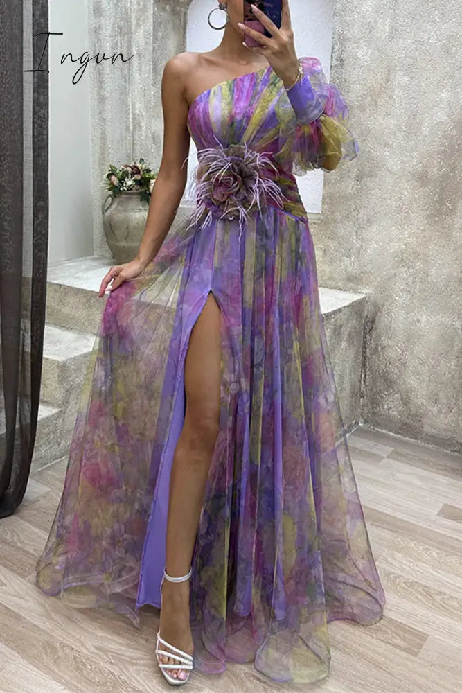 Ingvn - Elegant Gradual Change Slit Oblique Collar Evening Dress Dresses Purple / S Dresses/Casual